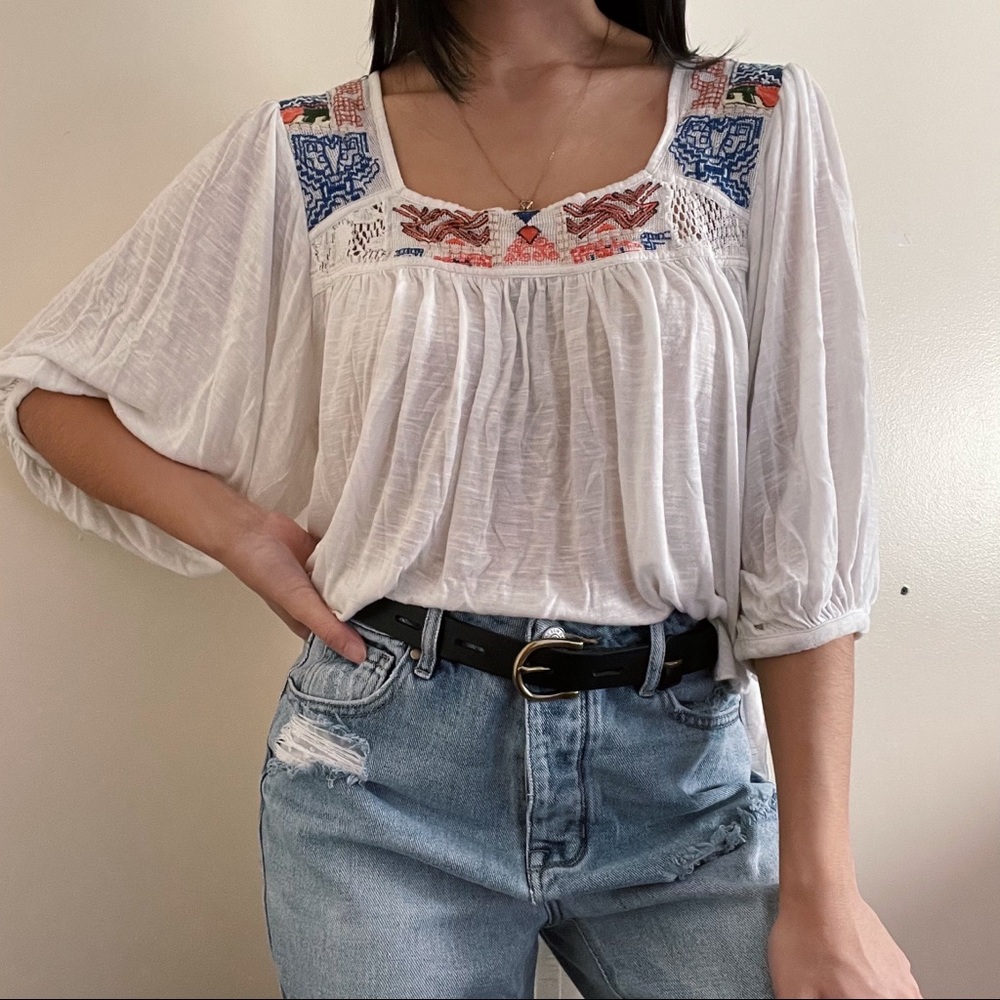 Free People High Low Embroidered Blouse